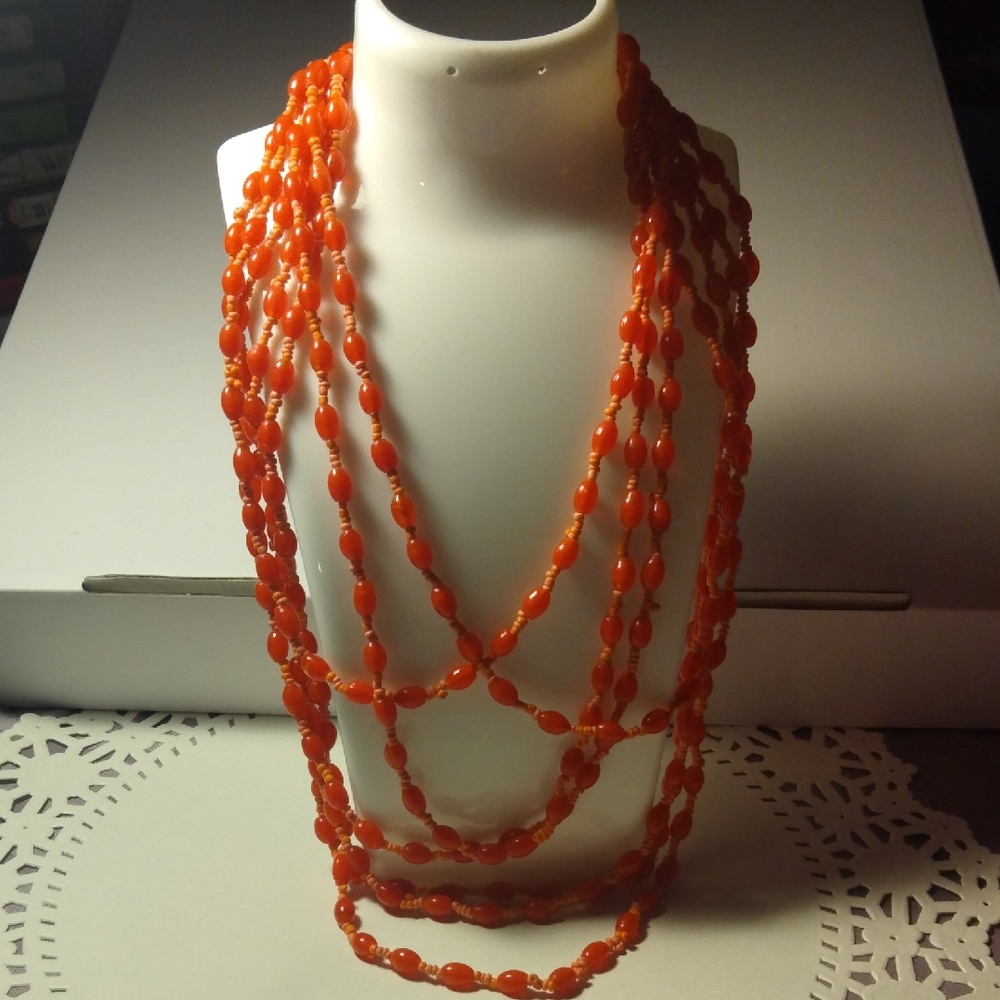 Vintage Coral Color 7 Strand Beaded Necklace (SKU 1343)